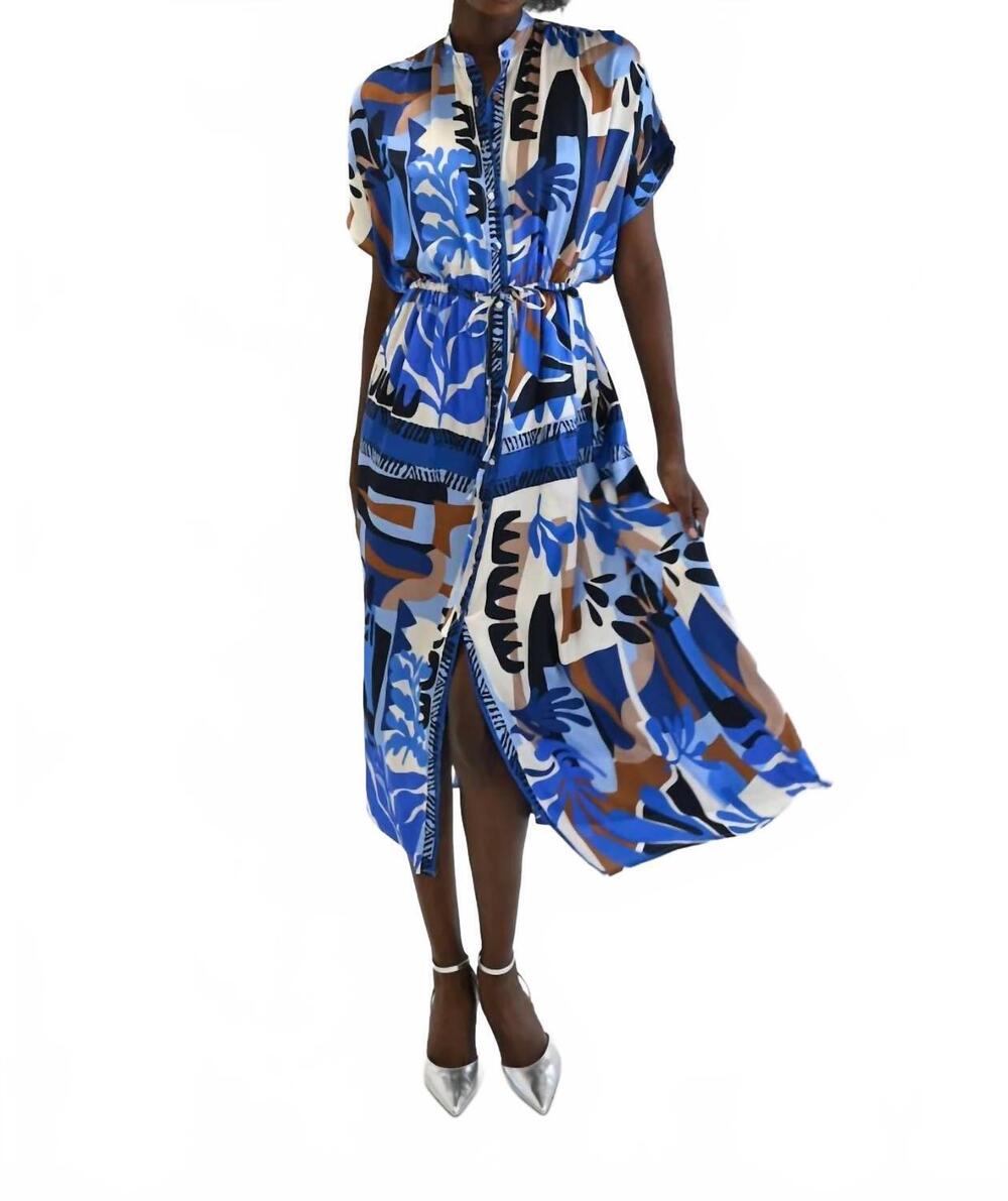 NEW NEVER A WALLFLOWER long scarf print shirt dress in blue